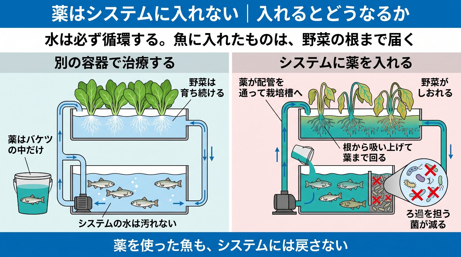 アクアポニックスに魚病薬を入れるとどうなるかの断面図。別の容器で治療すれば薬はバケツの中だけでシステムの水は汚れず野菜は育ち続けるが、システムに薬を入れると配管を通って栽培槽へ上がり根から吸い上げて葉まで回り、ろ過を担う菌が減って野菜がしおれる