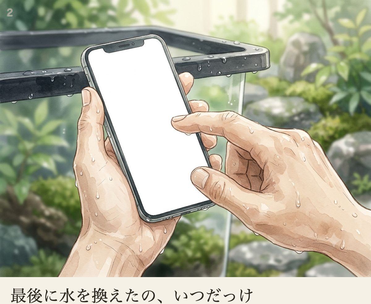 よくある四コマ2。濡れた手でスマホを開くが、画面は白いまま