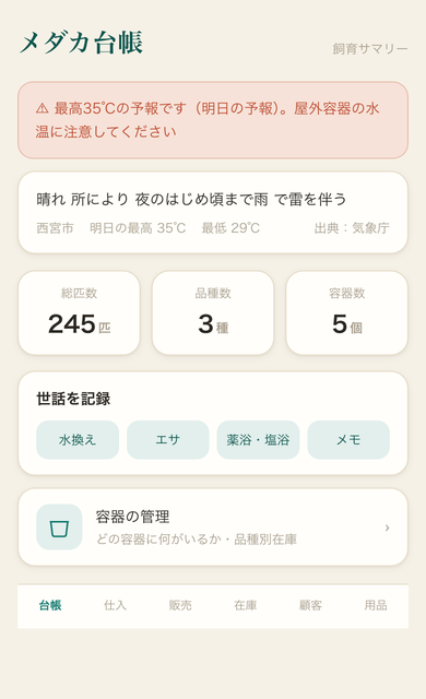 無料で開いたときの画面。気象庁の警報と明日の気温、匹数、世話の記録が並ぶ。