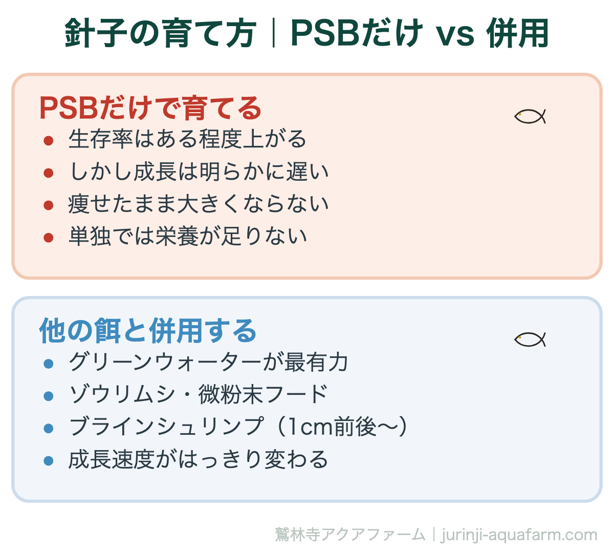 メダカの針子はPSBだけで育つ｜針子の育て方｜PSBだけ vs 併用。結論として、PSBは「補助」です。針子を確実に育てたいなら、グリーンウォーターや微粉末フードとの併用が前提になります