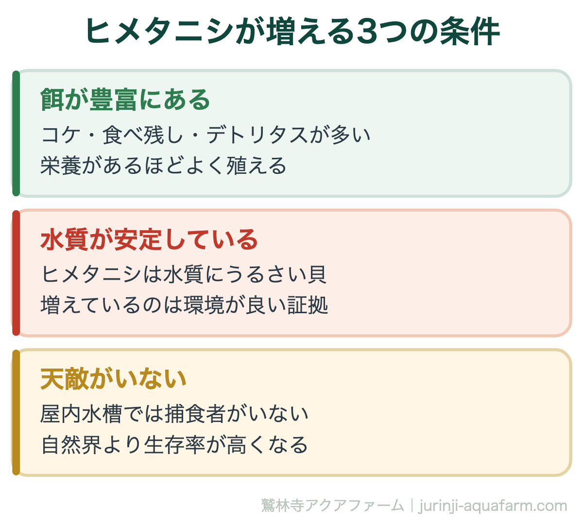 ヒメタニシが増える3つの条件。ヒメタニシが増えるのは、水槽の環境が良好で餌が余っているサイン。裏を返せば「餌のやりすぎ」の指標にもなります