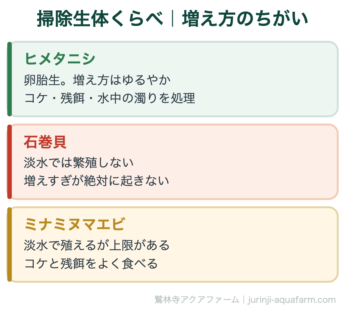 ヒメタニシが増えすぎる原因と対策｜掃除生体くらべ｜増え方のちがい。増えすぎを避けたいなら石巻貝がもっとも確実です。ヒメタニシは水の濁りも取ってくれるので、役割が少し違います