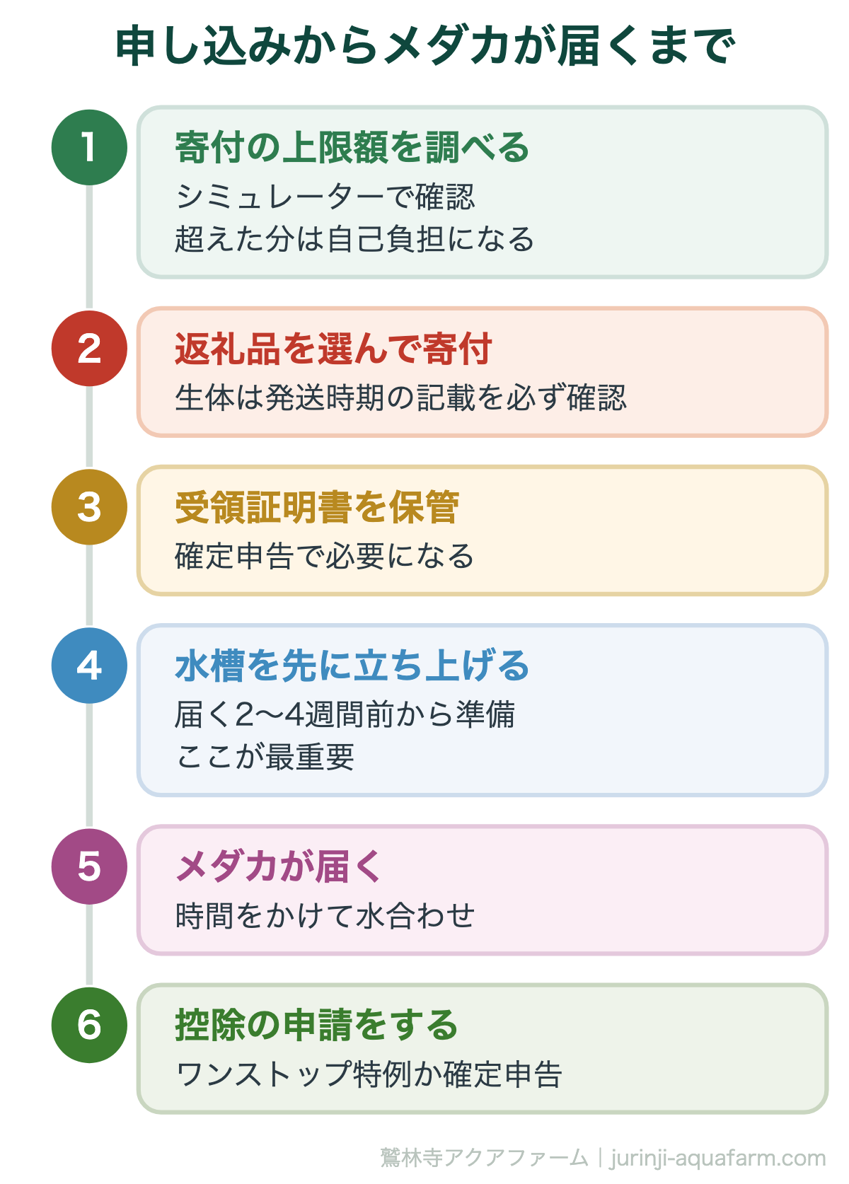 申し込みからメダカが届くまで。生体の返礼品でいちばん多い失敗は「届いてから慌てて容器を用意する」こと。水槽の準備は寄付した直後に始めます