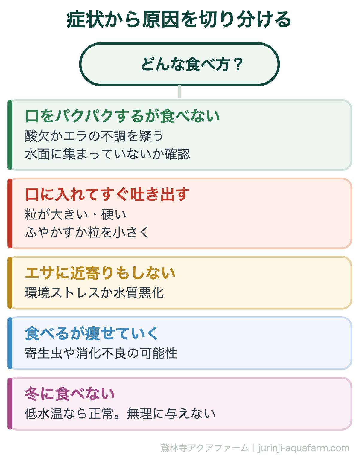 金魚がエサを食べない・吐き出す原因と対処法｜症状から原因を切り分ける。「吐き出す」と「食べない」は原因が違います。吐き出すならエサの物理的な問題、近寄らないなら環境の問題です