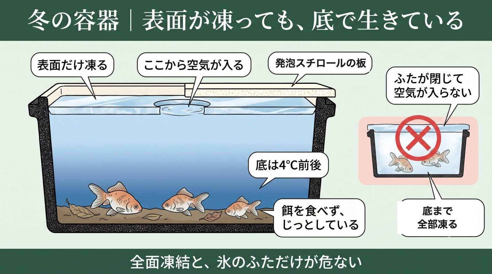 冬の容器の断面。表面だけ凍り、底は4℃前後。金魚は餌を食べずにじっとしている。底まで全部凍ることと、氷でふたが閉じることだけが危ない。