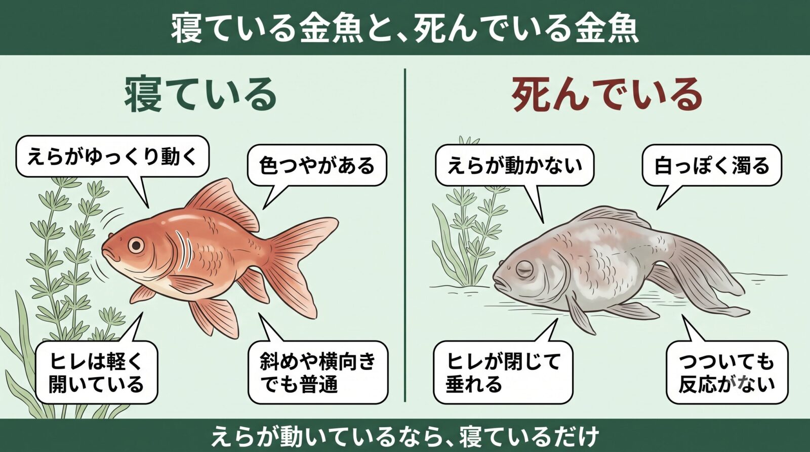 寝ているときはえらがゆっくり動き、色つやがあり、ヒレが軽く開いている。死んでいるとえらが動かず、白っぽく濁り、ヒレが閉じて垂れ、つついても反応がない。