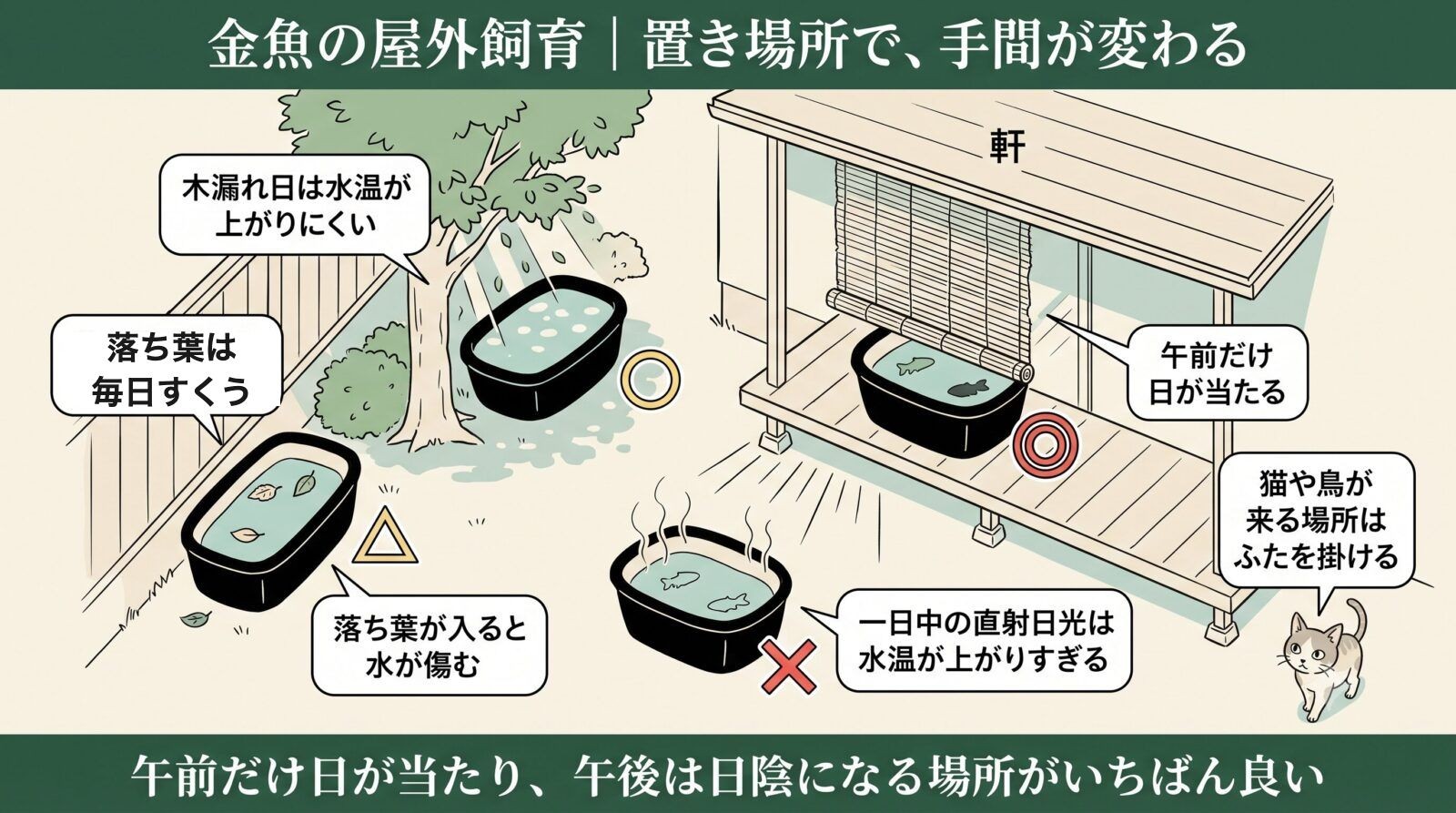 金魚の屋外飼育の置き場所。午前だけ日が当たり、午後は日陰になる場所がよい