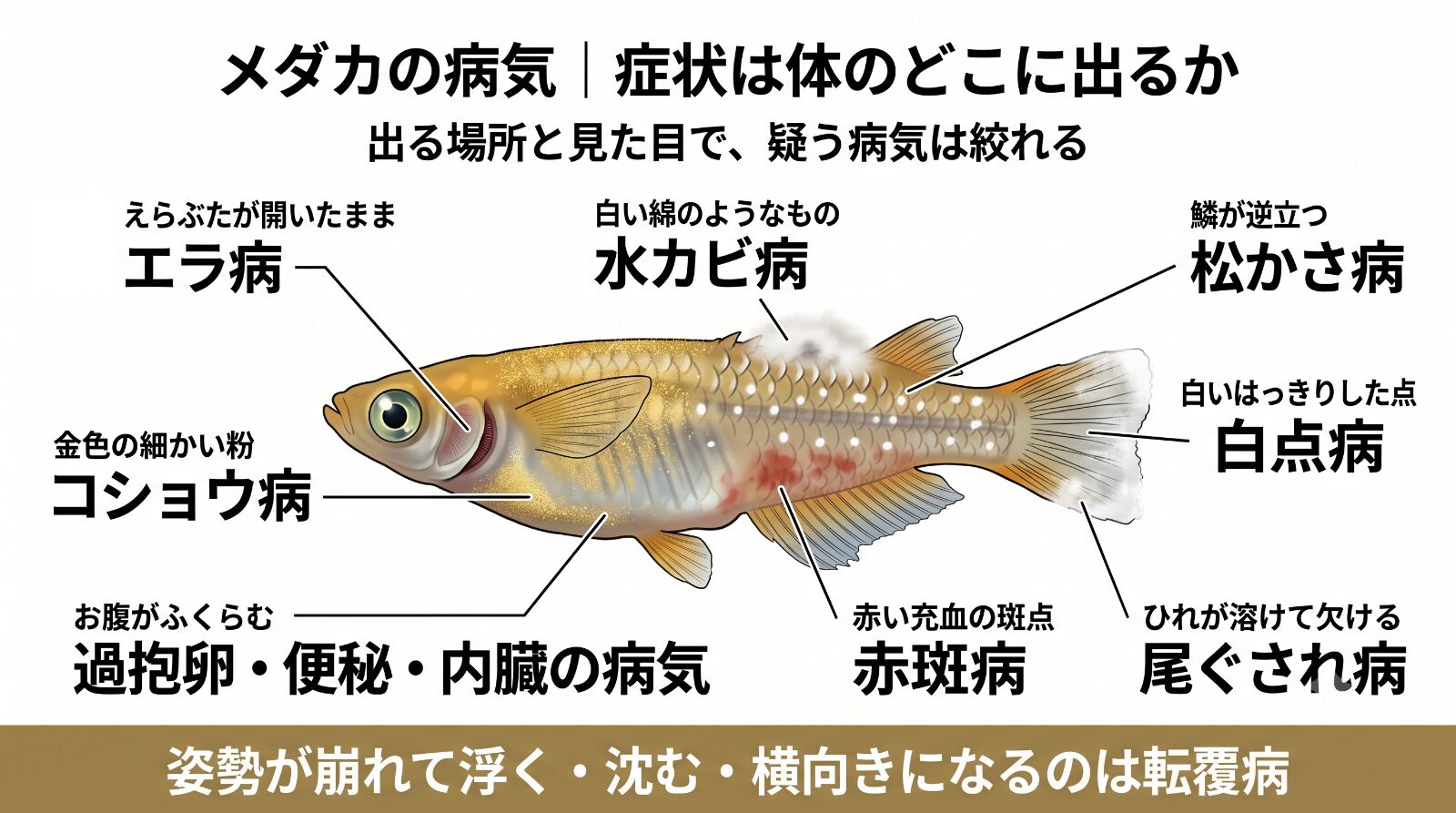 メダカの病気の症状が体のどこに出るかの地図。白いはっきりした点は白点病、金色の細かい粉はコショウ病、白い綿は水カビ病、赤い充血の斑点は赤斑病、鱗が逆立つのは松かさ病、ひれが溶けて欠けるのは尾ぐされ病、えらぶたが開いたままはエラ病、お腹がふくらむのは過抱卵や便秘や内臓の病気