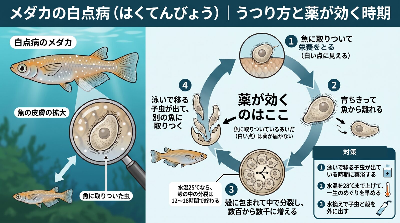 メダカの白点病のうつり方。魚に取りついた虫が育ちきって離れ、殻に包まれて中で分裂し、泳いで移る子虫が別の魚に取りつく。薬が効くのは魚から離れているあいだ