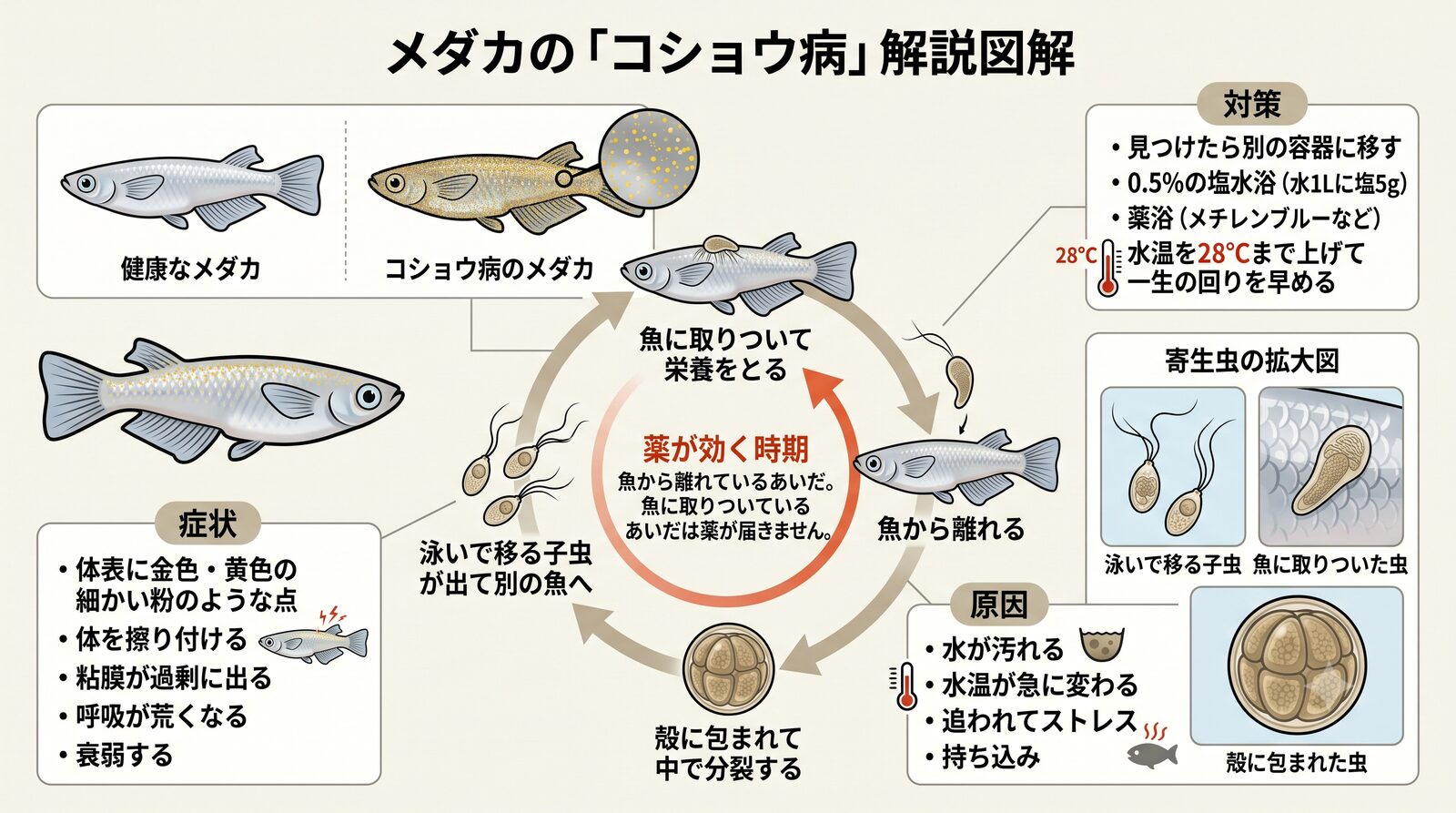メダカのコショウ病のうつり方。魚に取りついた虫が栄養をとり、魚から離れ、殻に包まれて中で分裂し、泳いで移る子虫が別の魚へ。薬が効くのは魚から離れているあいだ