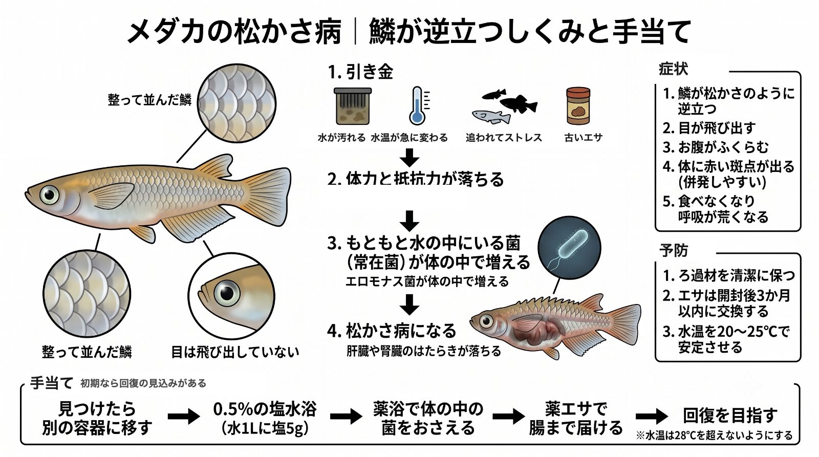 メダカの松かさ病で鱗が逆立つしくみ。水の汚れ・水温の急変・ストレス・古いエサが引き金になり、体力が落ちてエロモナス菌が体の中で増え、肝臓や腎臓のはたらきが落ちる