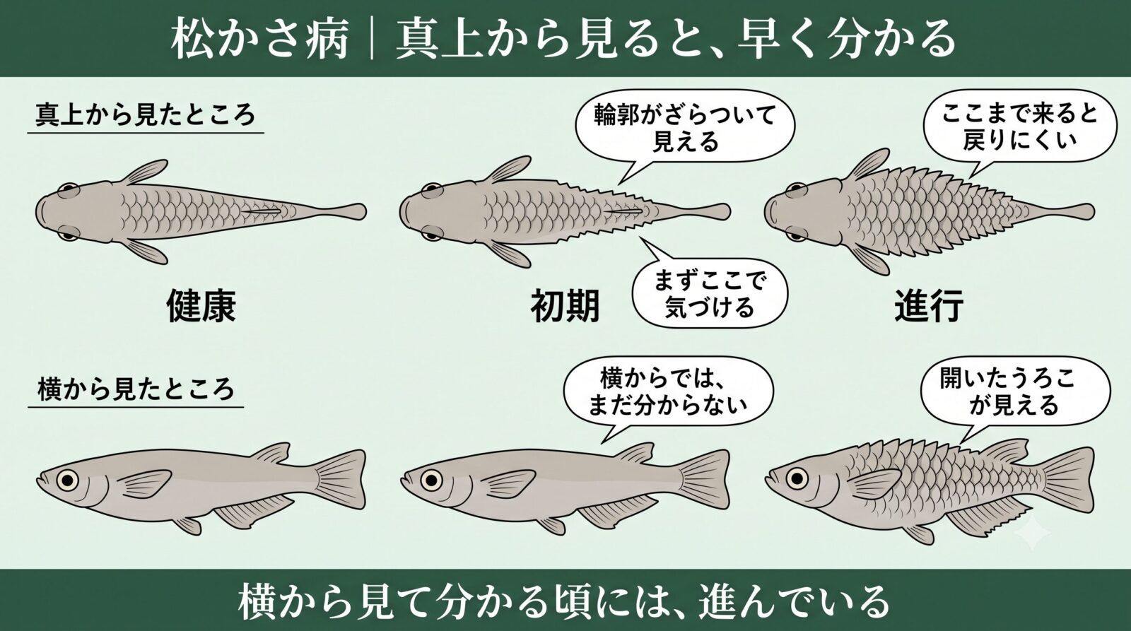 メダカの松かさ病の初期症状の見分け方。真上から見ると輪郭がざらついて見える