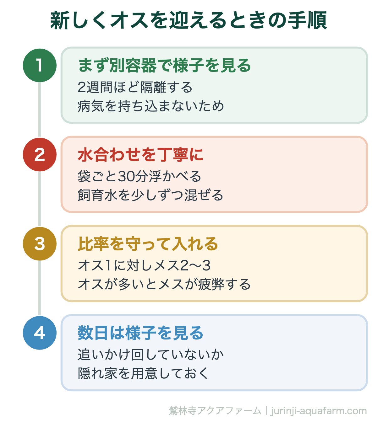 メダカにオスを追加するときの注意。病気の持ち込みが最も多い失敗なので2週間ほど別容器で様子を見てから合流させる。水合わせは袋ごと30分浮かべて水温を合わせ、飼育水を少しずつ足す