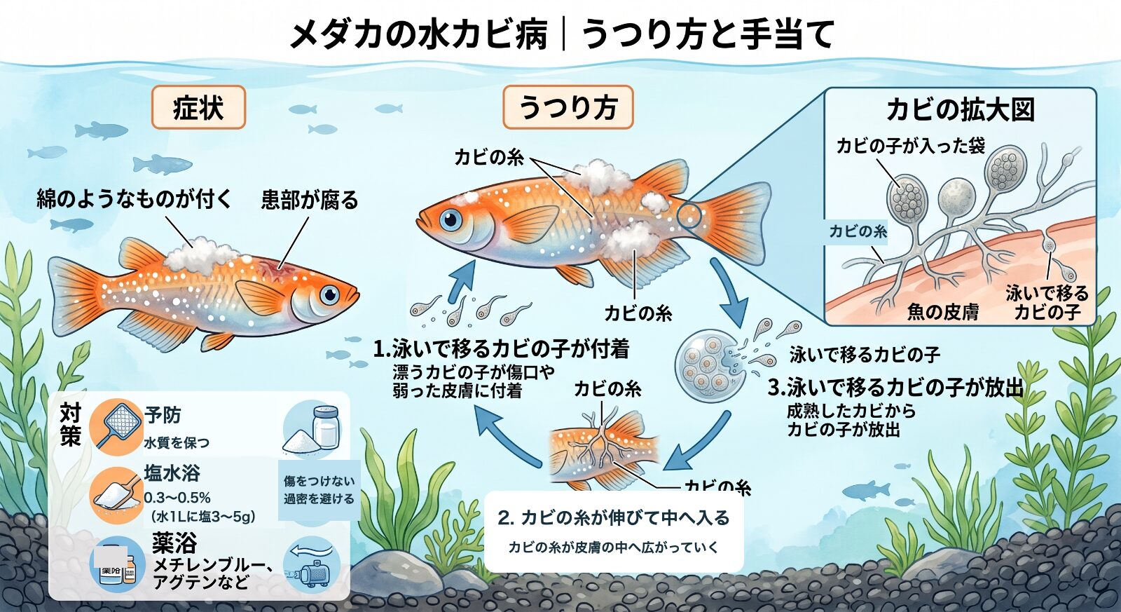 メダカの水カビ病のうつり方。泳いで移るカビの子が傷口や弱った皮膚に付き、カビの糸が皮膚の中へ広がる。尾ぐされ病とは原因も薬も違う