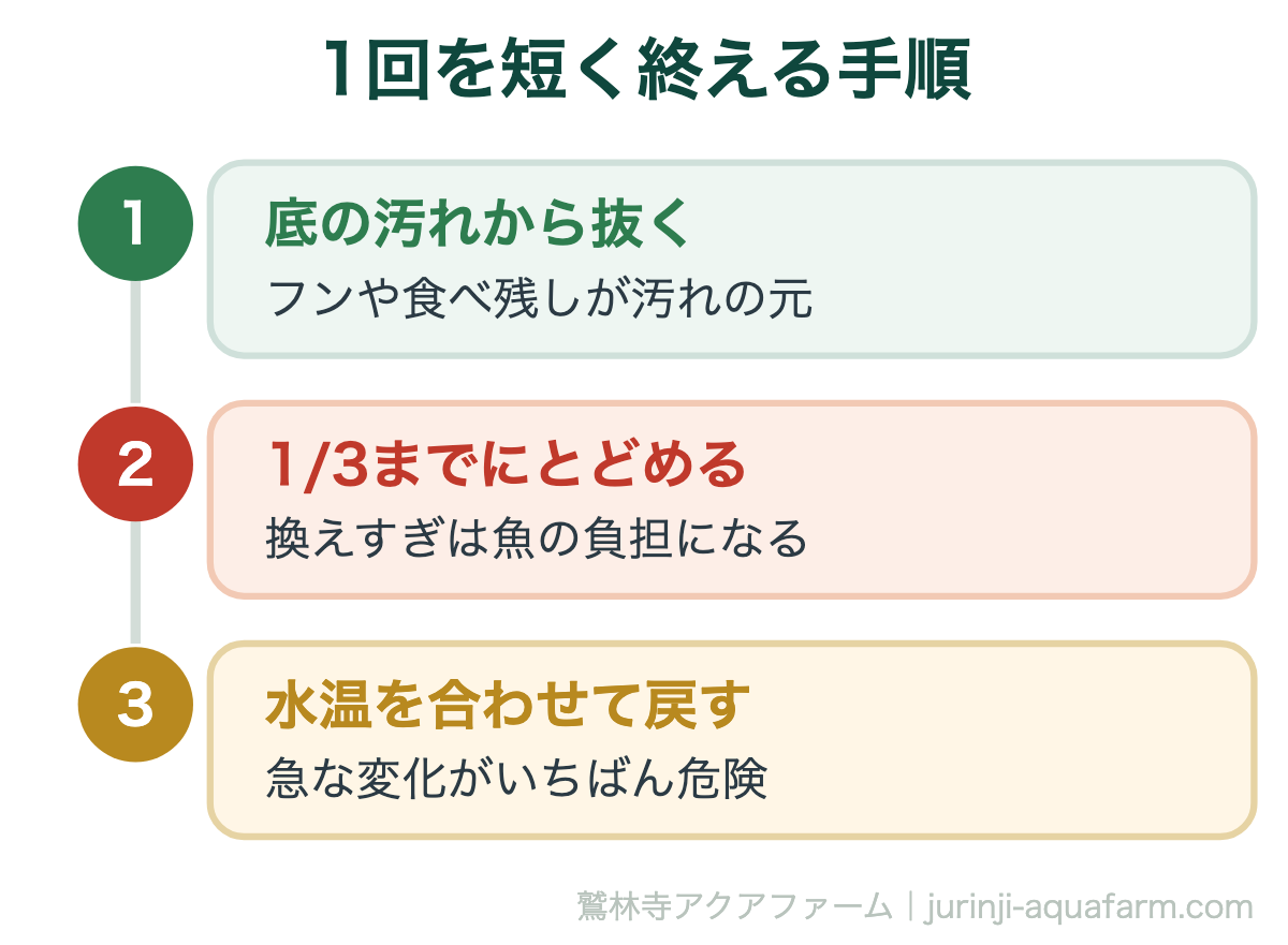 メダカの水換えがめんどくさい｜1回を短く終える手順。やること自体はこの3つだけです。道具を替えると、ここが5分で終わるようになります