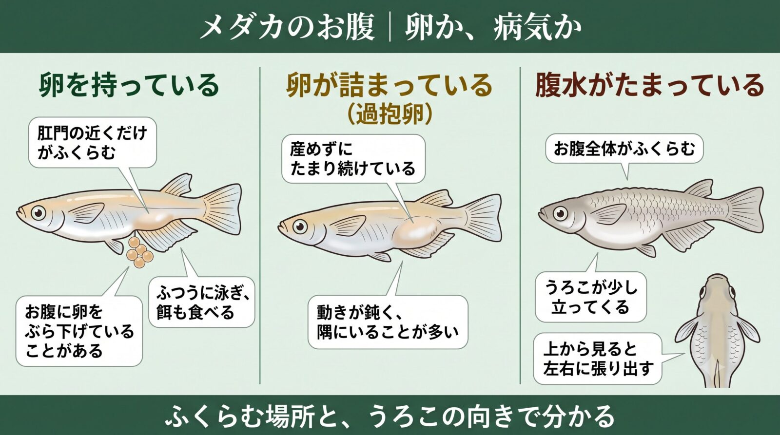 メダカのお腹が大きい原因の見分け方。卵を持っている・過抱卵・腹水の違い