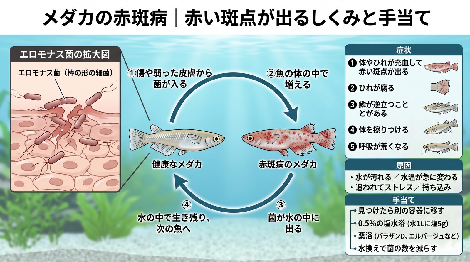 メダカの赤斑病で赤い斑点が出るしくみ。棒の形のエロモナス菌が傷や弱った皮膚から入り、体の中で増え、水の中に出て次の魚へうつる