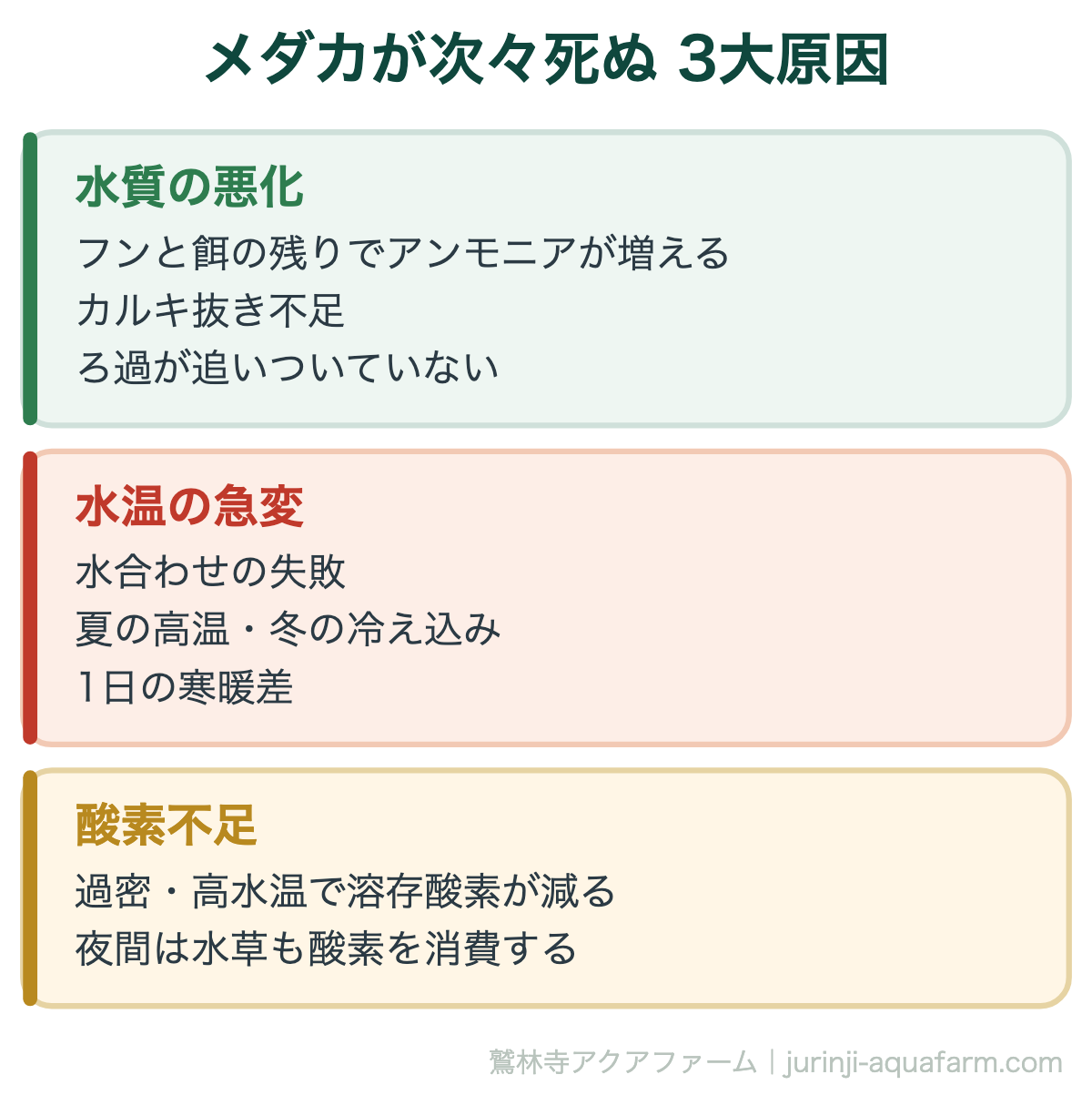 メダカが次々死ぬ 3大原因。メダカが次々死ぬ原因と対策
