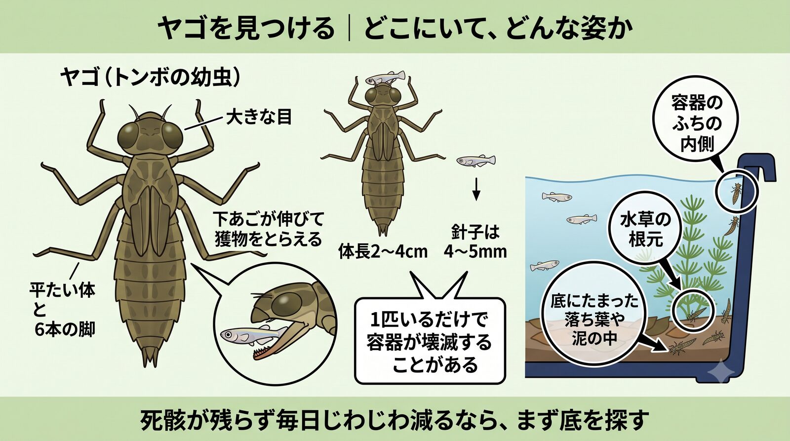 ヤゴ(トンボの幼虫)の姿と隠れ場所。平たい体と6本の脚、大きな目、下あごが伸びて獲物をとらえる。体長2〜4cmで針子は4〜5mm。底の落ち葉や泥の中、水草の根元、容器のふちの内側に潜む