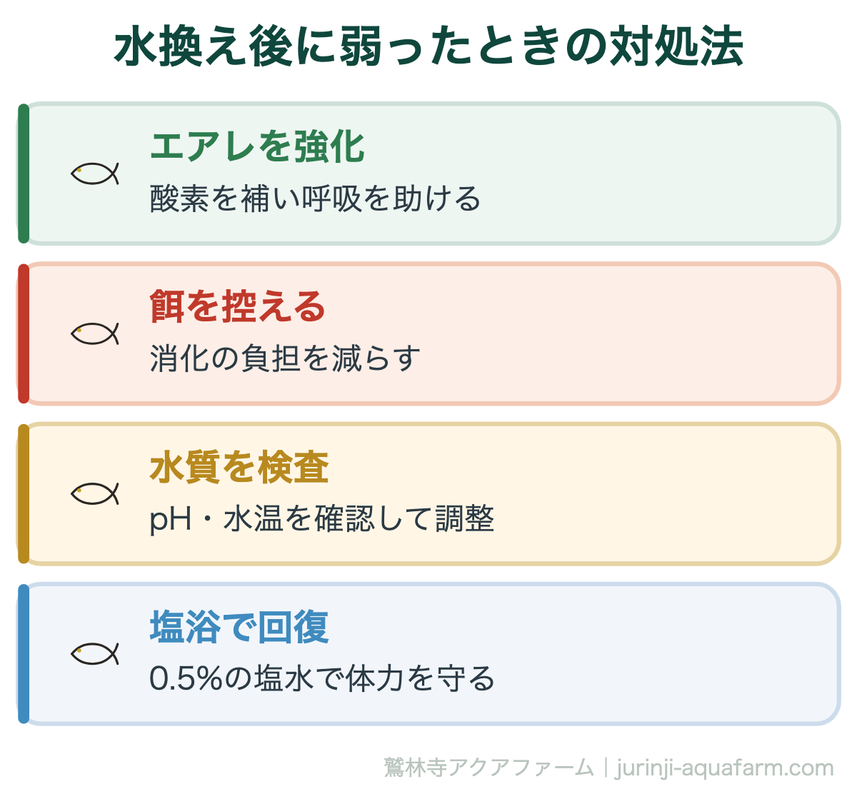 メダカの【水換え後に弱る】5つの理由！正しい対処法＆水換えのコツ｜水換え後に弱ったときの対処法。まずは酸素を補い、餌を止めて安静に。改善しなければ0.5%の塩浴で体を守りながら様子を見ます