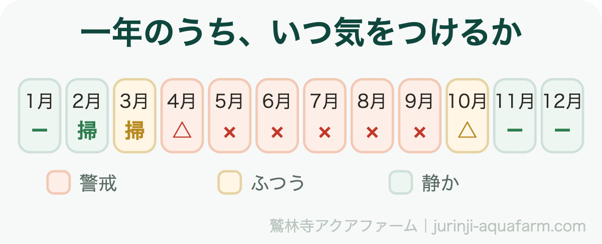 メダカのヤゴ・ボウフラ対策|一年のうち、いつ気をつけるか。×は警戒、△は油断できない時期、掃は容器を洗っておく時期。2〜3月のリセットが、その年の被害をいちばん減らす