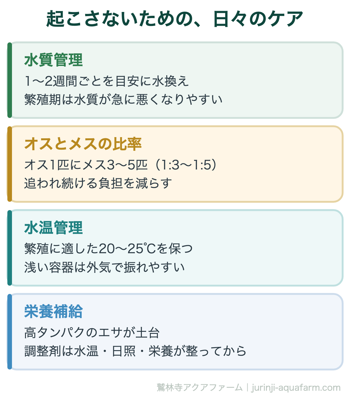 メダカの過抱卵を起こさないための日々のケア。水質管理、オス1にメス3〜5の比率、水温。産卵のきっかけは水温・日照・栄養の3つで、順序を間違えないことが予防になる