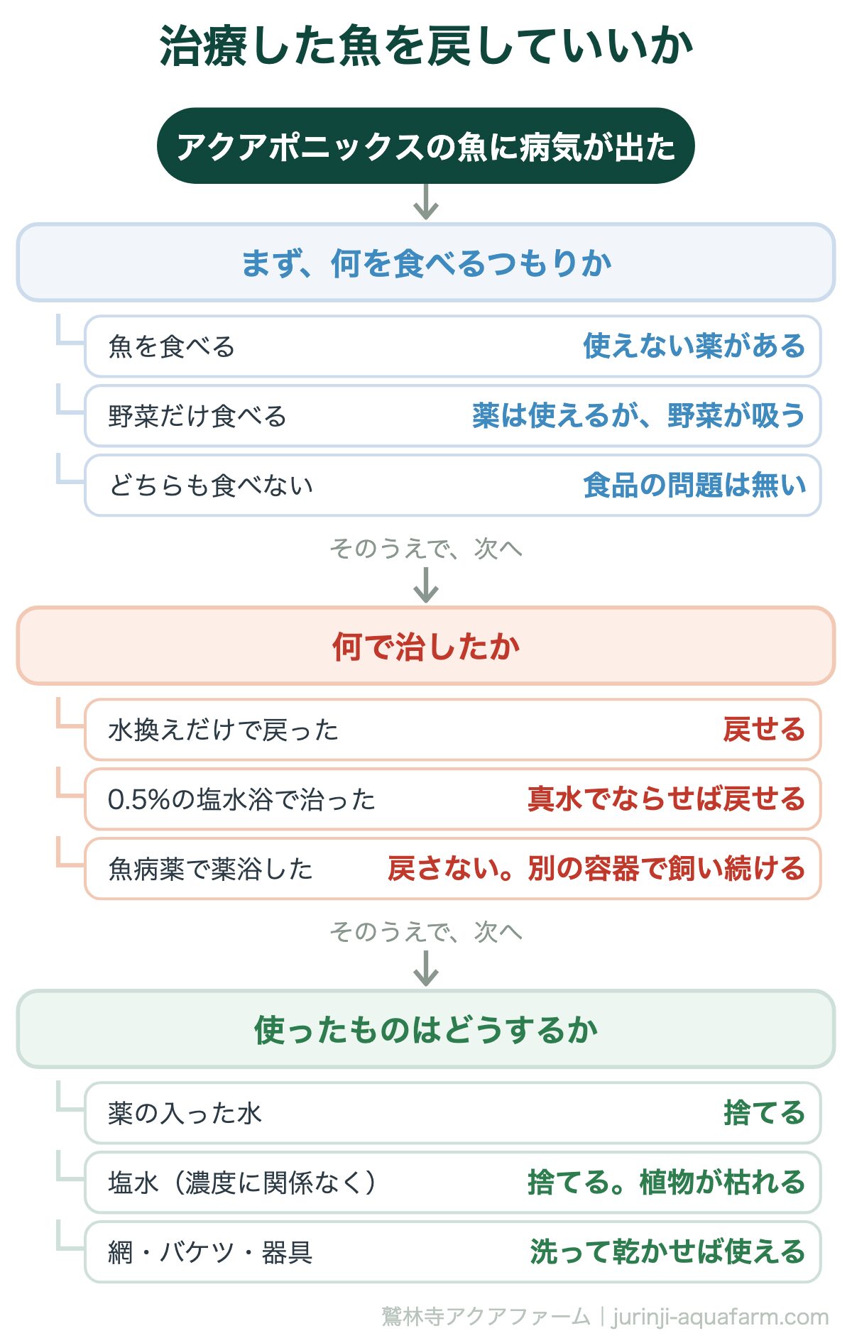アクアポニックスの魚が病気に|治療した魚を戻していいか。分かれ道は「薬浴に進んだかどうか」。進んだら、その個体はシステムから外れる