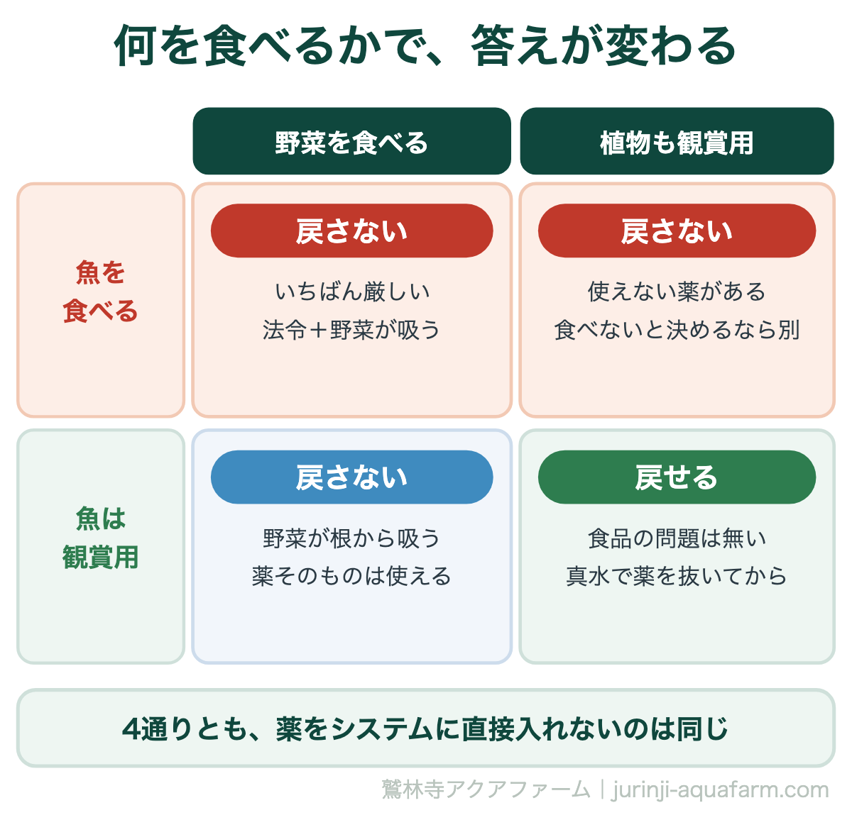 アクアポニックスの魚が病気に|何を食べるかで、答えが変わる。変わるのは「治療した魚を戻せるか」。薬をシステムに入れないことは、どの場合も共通