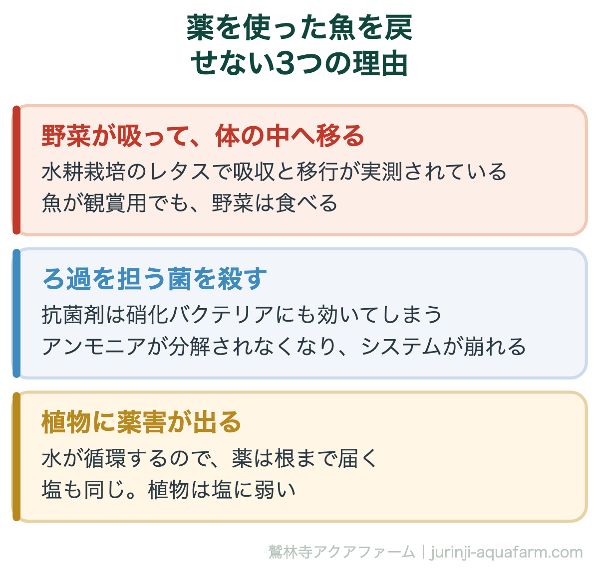 アクアポニックスの魚が病気に|薬を使った魚を戻せない3つの理由。3つのうち2つは、魚が観賞用でも当てはまる。だから「戻さない」が原則になる