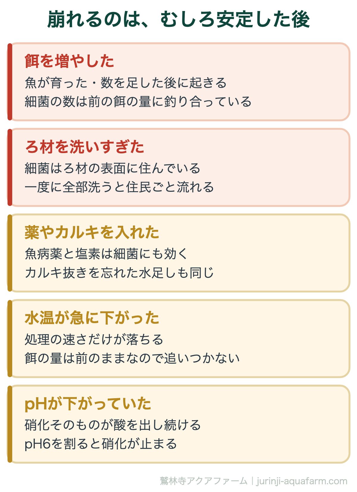 アクアポニックスの硝化サイクル｜崩れるのは、むしろ安定した後。どれも「うまくいっている」と感じている時期に起きる。だから気づくのが遅れる