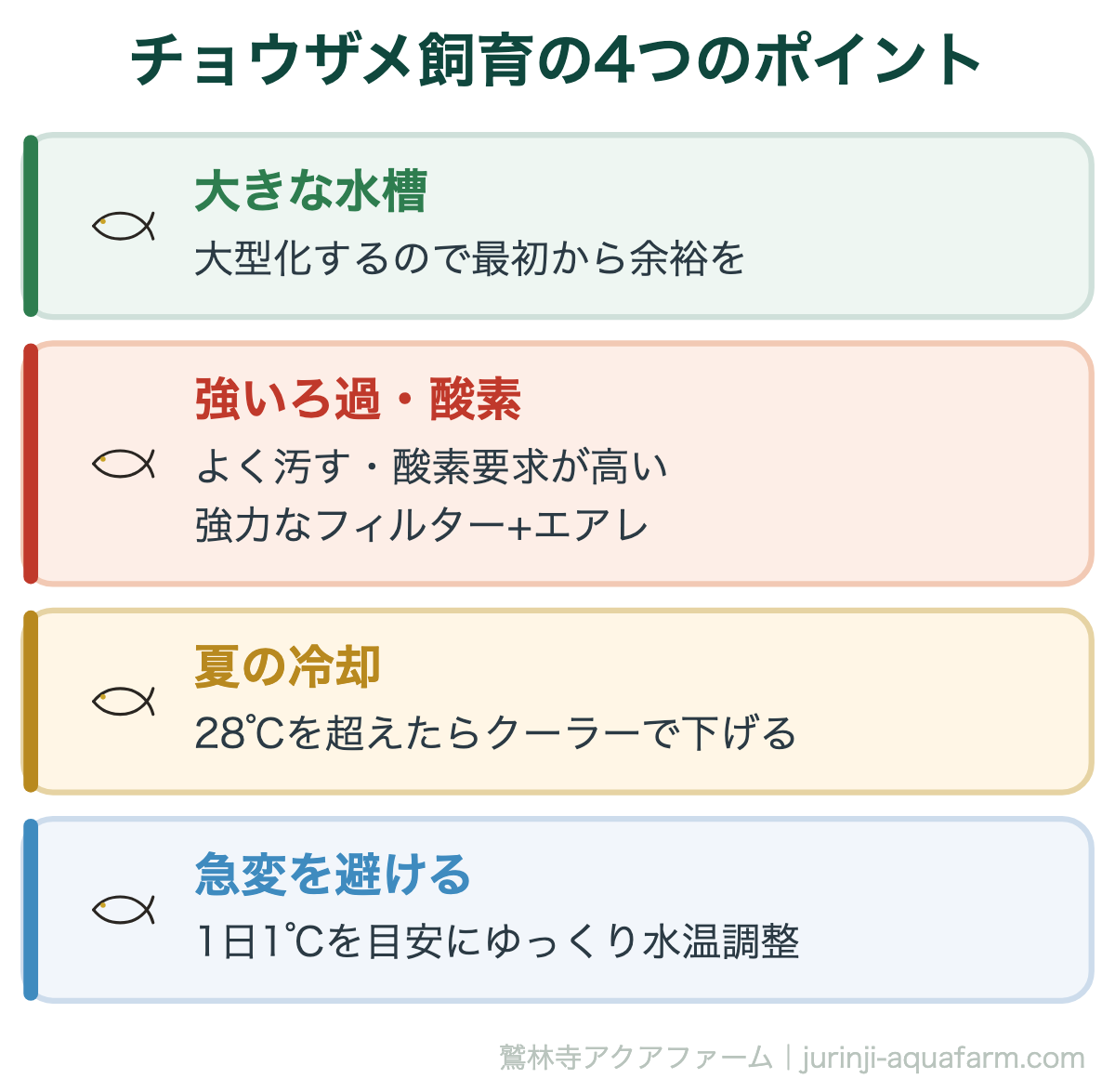 【自宅でキャビア】アクアポニックスでのチョウザメの飼育法｜チョウザメ飼育の4つのポイント。ポイントは「大型水槽・強ろ過と酸素・夏の冷却・急な水温変化を避ける」。ヒーターより、むしろ夏の高温対策が重要です