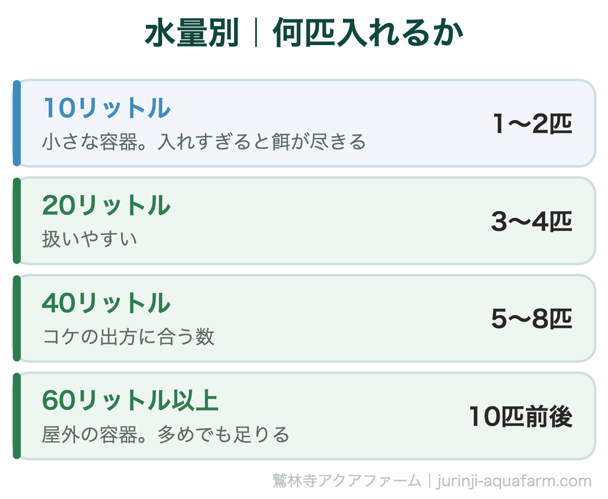 ヒメタニシを何匹入れるか。水量20リットルで3〜4匹、40リットルで5〜8匹