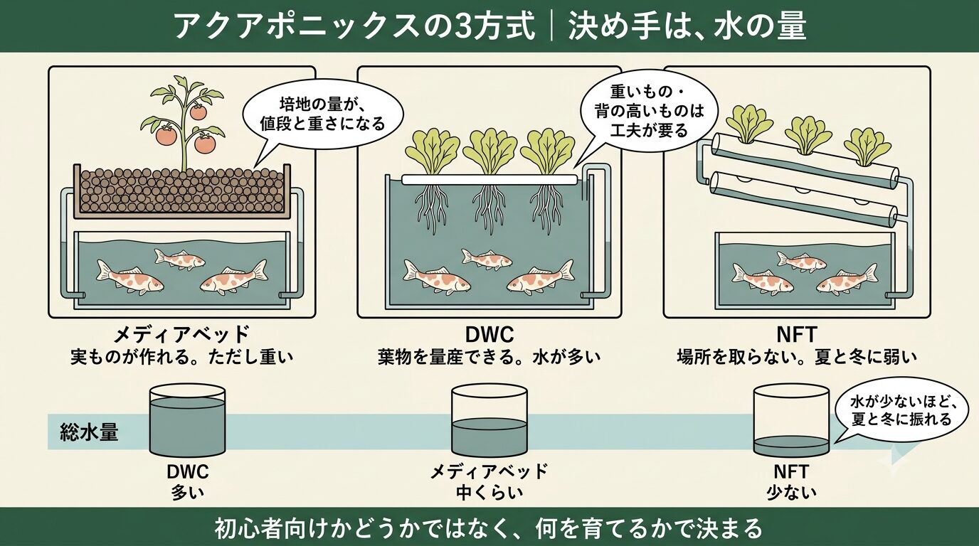 アクアポニックスの3方式くらべ。メディアベッド・DWC・NFTで、規模を大きくしたときに出る弱点が違う