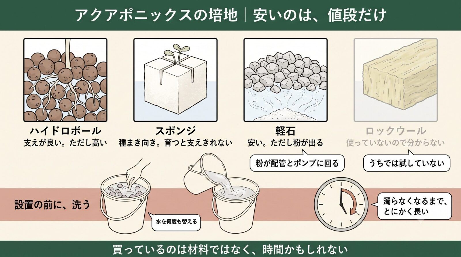 アクアポニックスの培地くらべ。ハイドロボール・スポンジ・軽石・ロックウール。軽石は安いが設置前に洗う時間がかかる