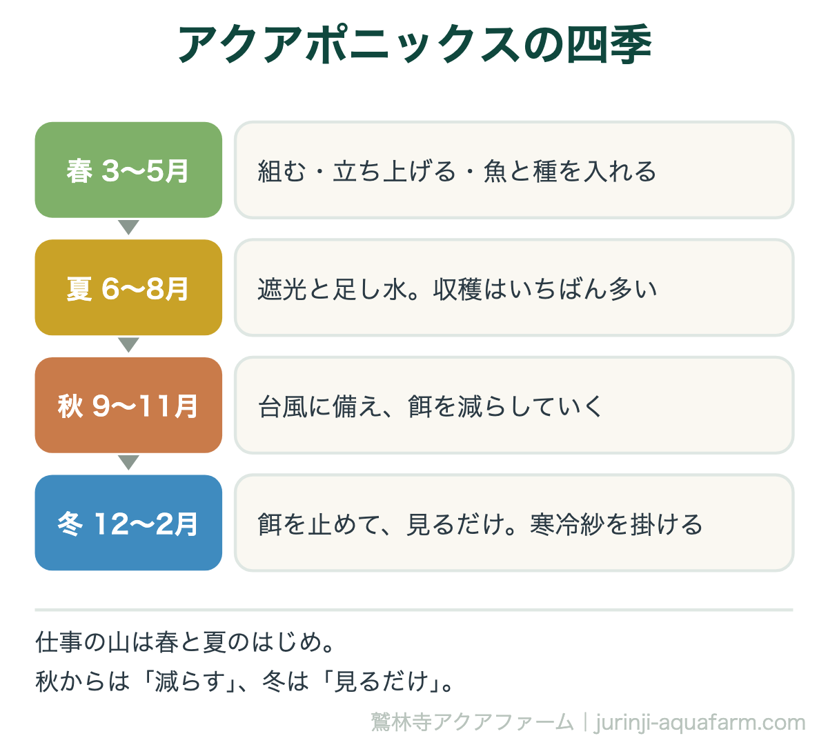 アクアポニックスの1年の四季の帯図。春は組む・立ち上げる、夏は遮光と足し水と収穫、秋は台風に備えて餌を減らす、冬は餌を止めて見るだけ