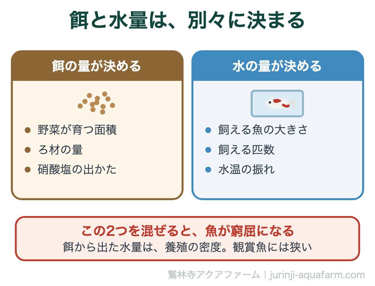 アクアポニックスで餌の量が決めるものと水の量が決めるものは別だという図解