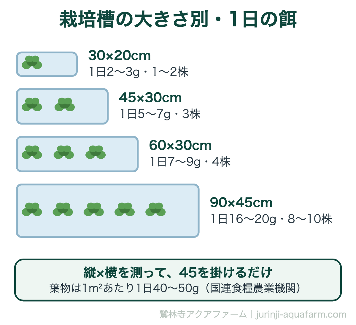 アクアポニックスの栽培槽の大きさ別に1日の餌の量を示した早見図。60×30cmなら1日7〜9グラム