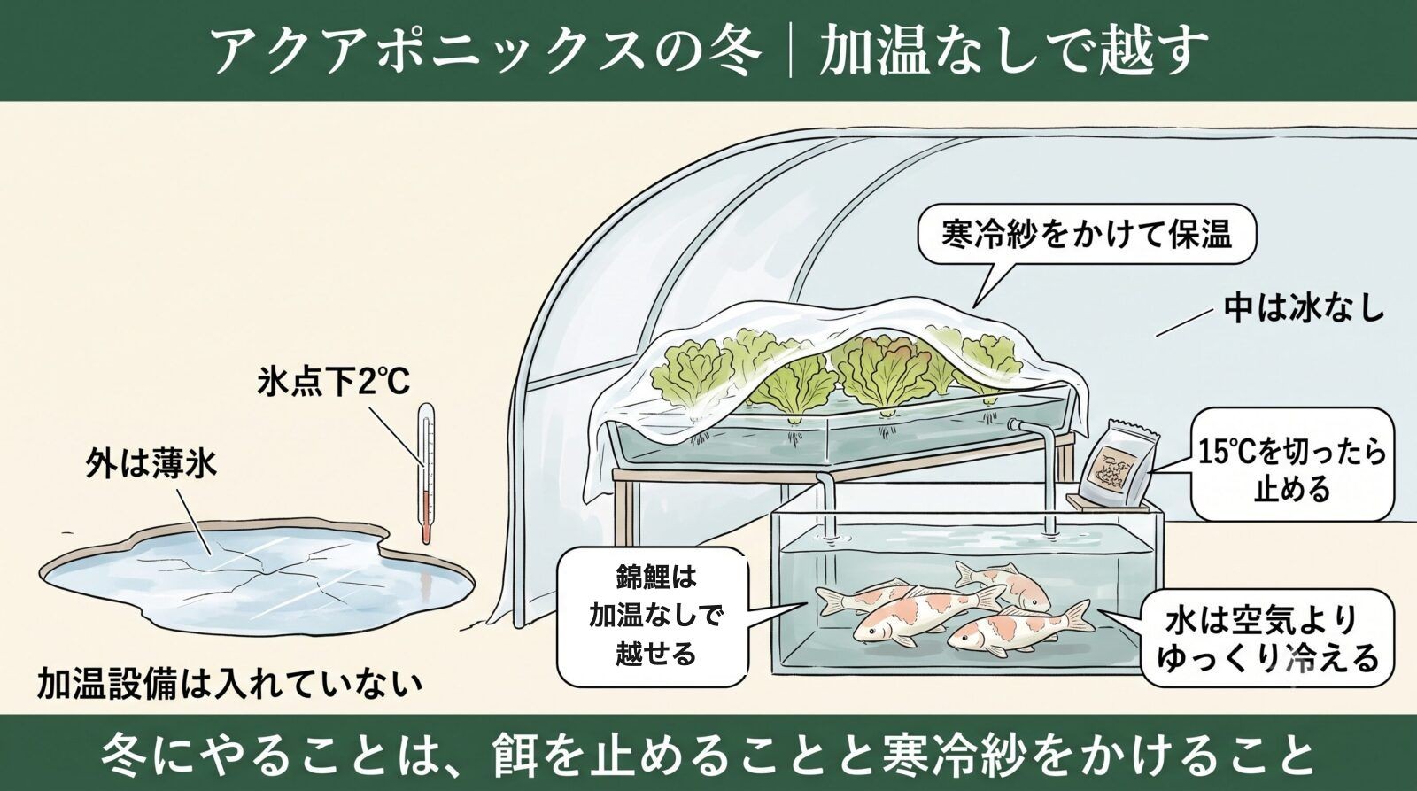 アクアポニックスの冬。無加温のハウスの中と外の違い