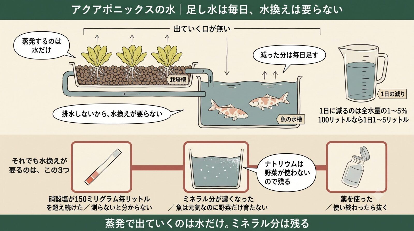 アクアポニックスで水換えが要らない理由と、それでも要る3つの場面