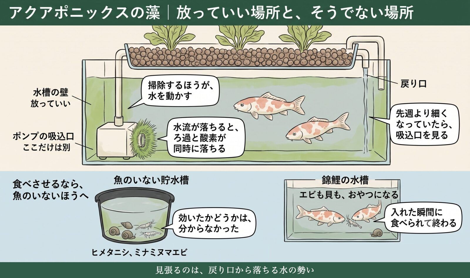 アクアポニックスの藻。放っていい場所と、ポンプの吸込口だけは別