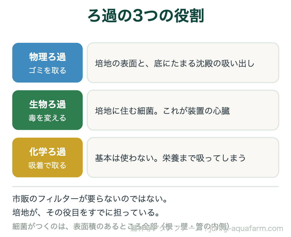 アクアポニックスのろ過の3つの役割の図。物理ろ過は培地の表面と沈殿の吸い出し、生物ろ過は培地に住む細菌、化学ろ過は栄養まで吸うので基本は使わない