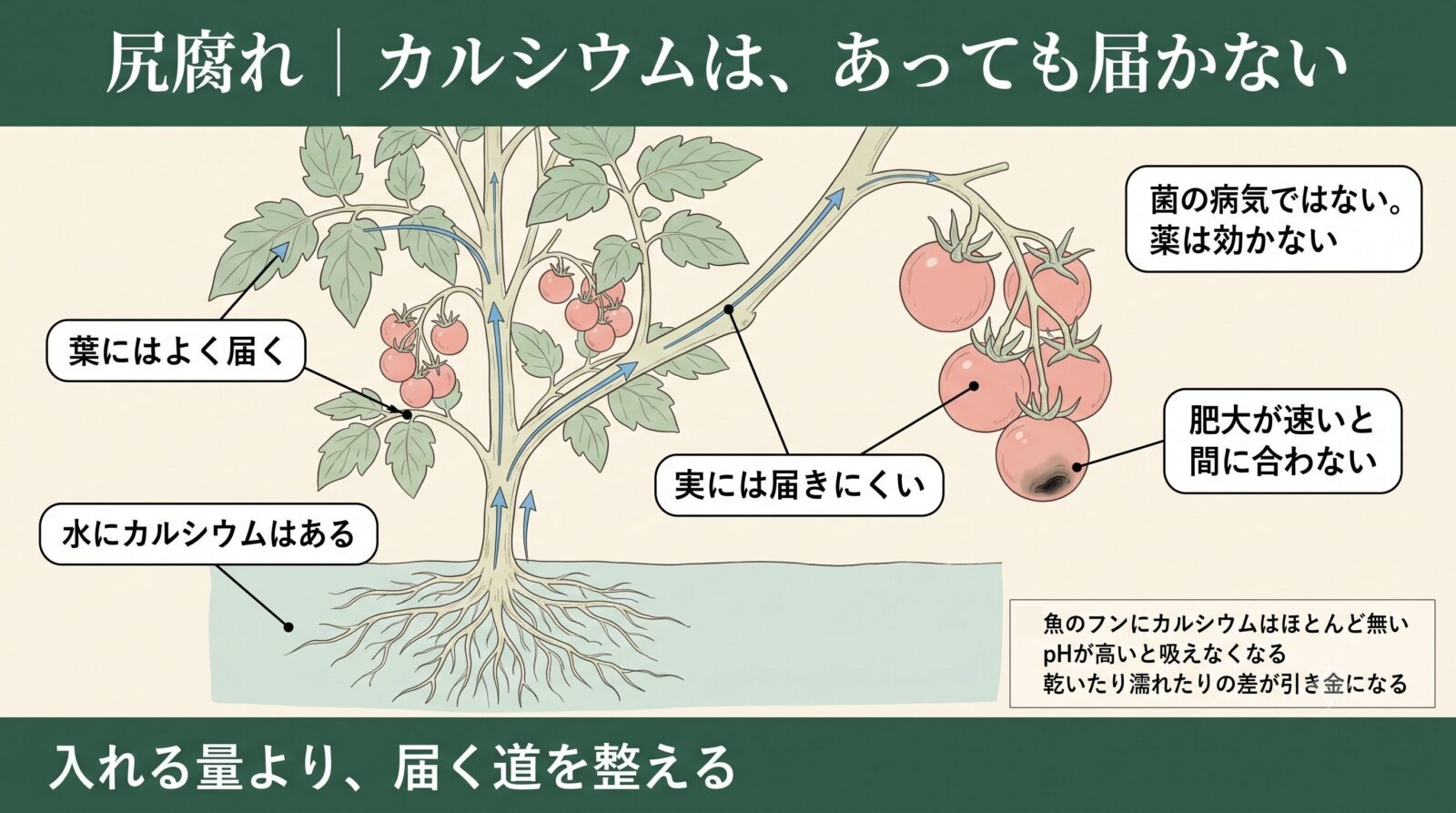 トマトの尻腐れとカルシウム。水にカルシウムがあっても実には届きにくい。菌の病気ではないので薬は効かない