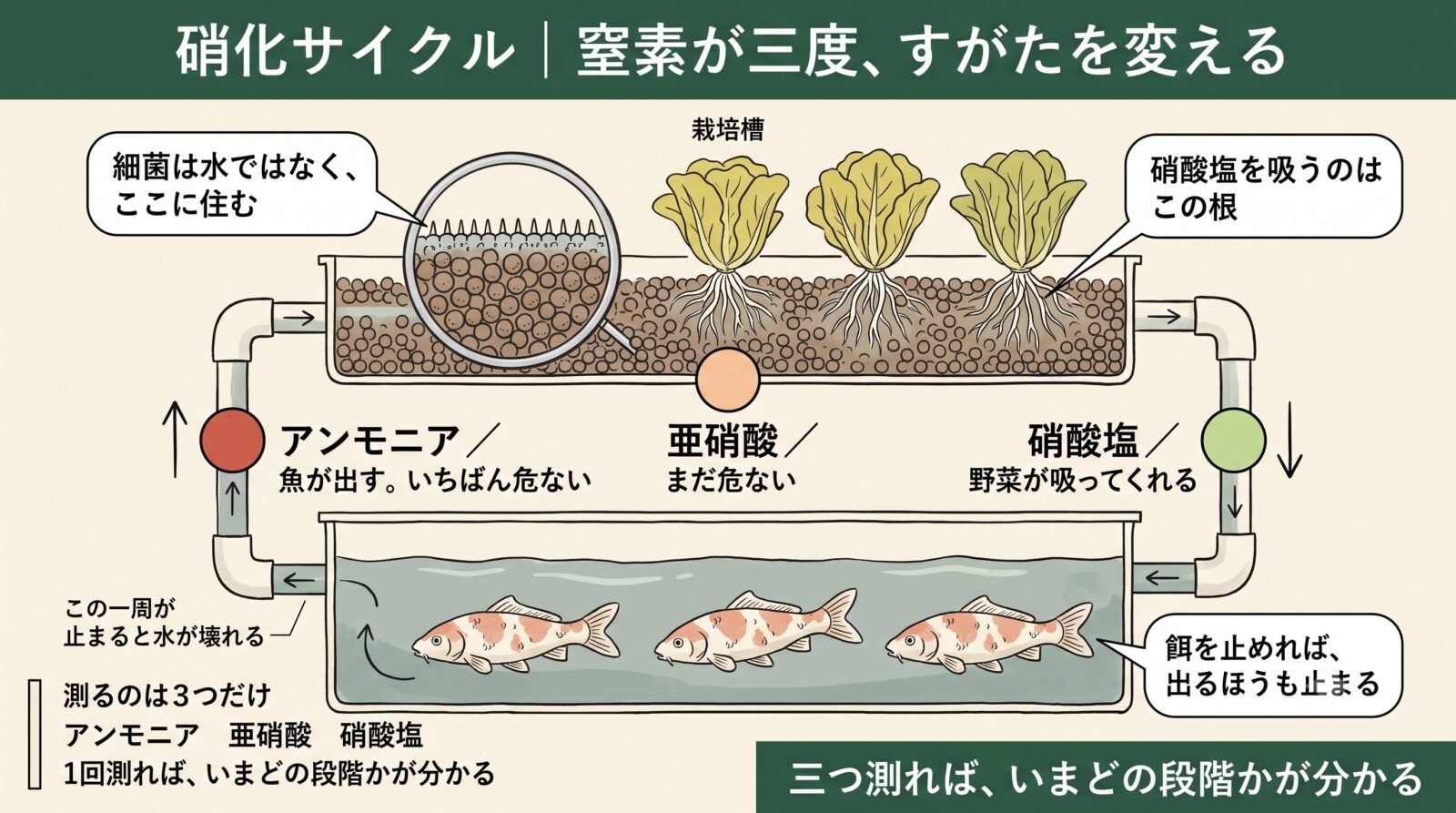 アクアポニックスの硝化サイクル。アンモニア・亜硝酸・硝酸塩と窒素が三度すがたを変える流れ