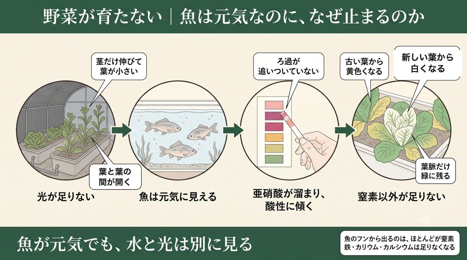 アクアポニックスで野菜が育たない連鎖。光不足・魚は元気に見える・亜硝酸が溜まり酸性に傾く・窒素以外が足りない