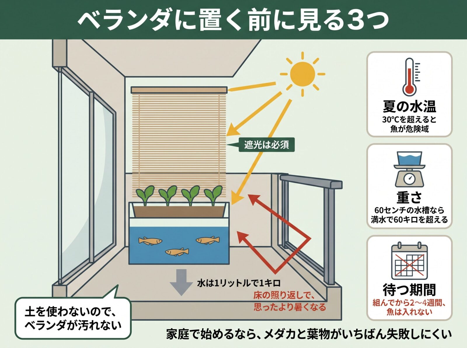 ベランダでアクアポニックスを置く前に見る3つ。夏の水温・重さ・立ち上げに待つ期間