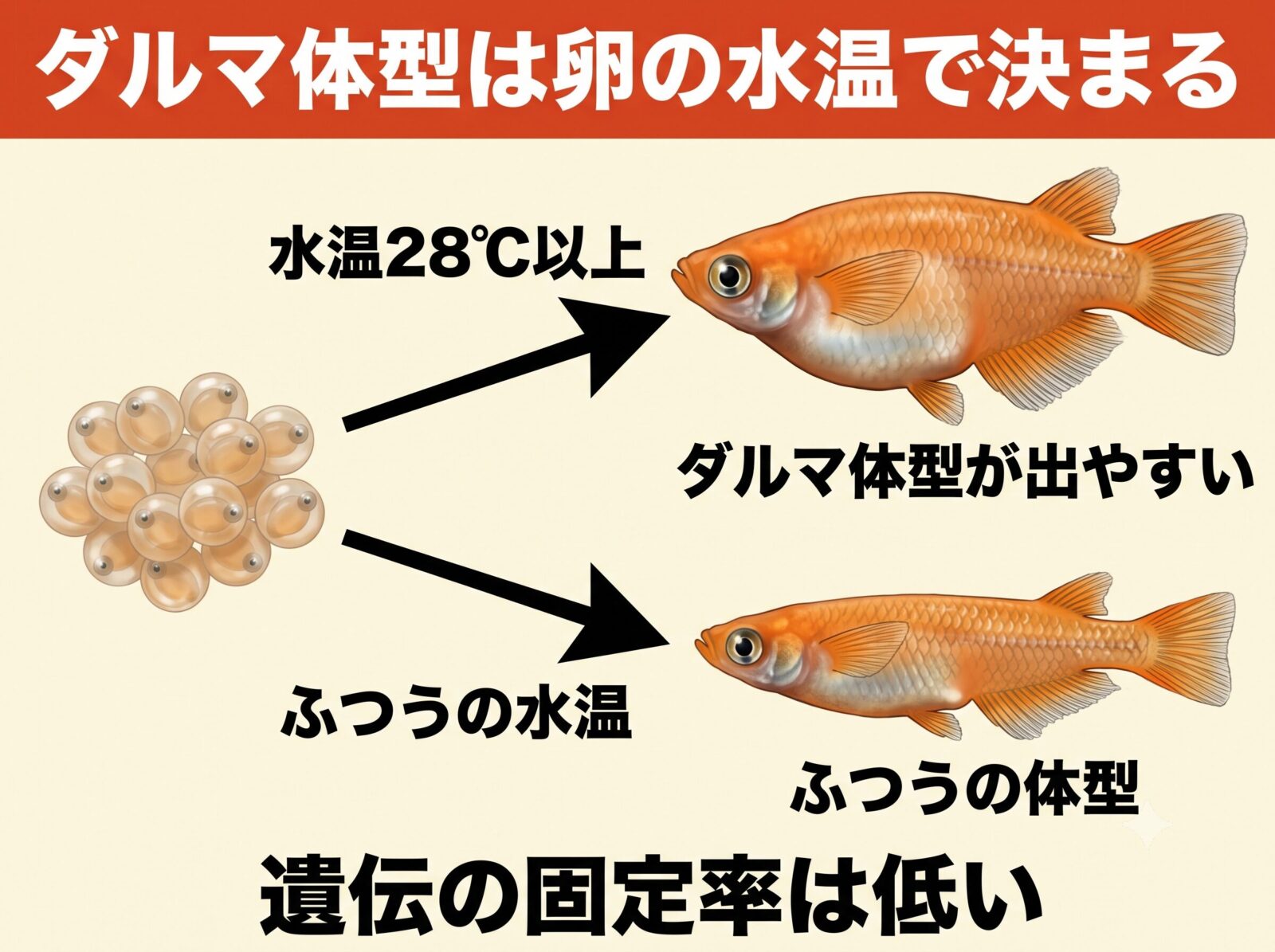 ダルマメダカの体型は卵の水温で決まる図解。水温28℃以上でダルマ体型が出やすく、ふつうの水温ではふつうの体型