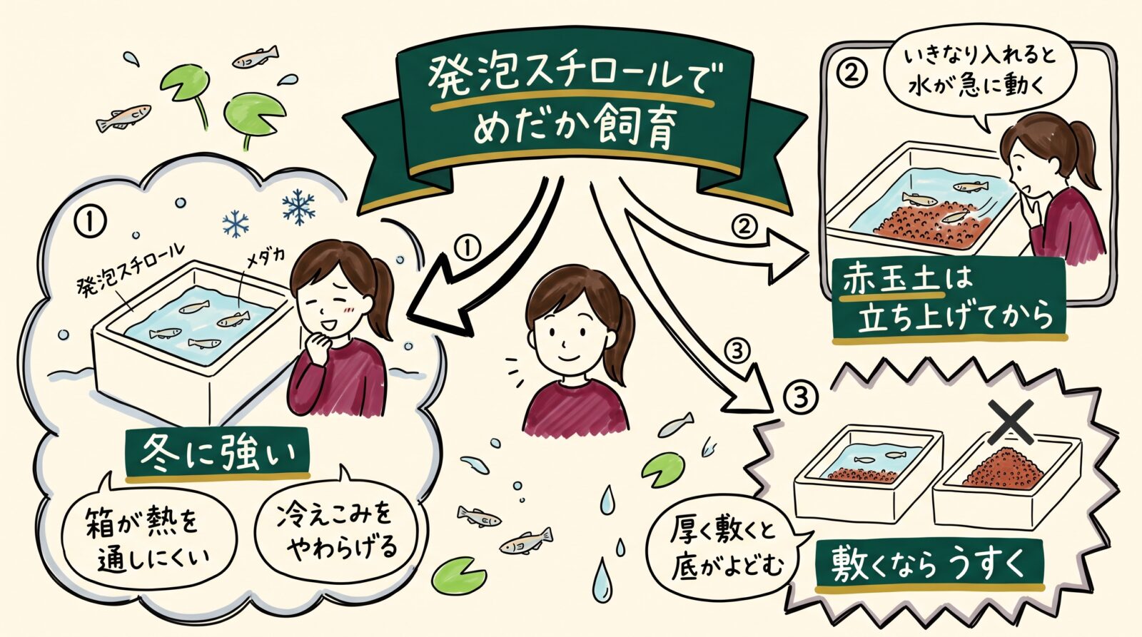 発泡スチロールでのメダカ飼育のグラレコ（グラフィックレコーディング）。冬に強く、箱が熱を通しにくくて冷えこみをやわらげる。赤玉土は立ち上げてから。いきなり入れると水が急に動く。敷くならうすく。厚く敷くと底がよどむ