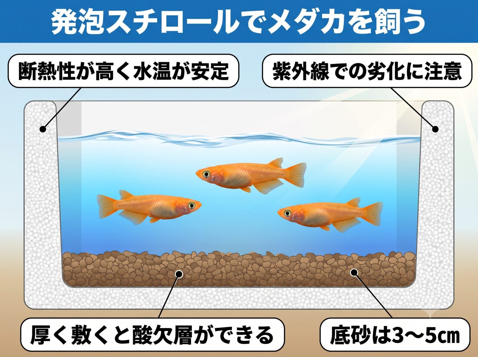 発泡スチロールでメダカを飼う容器の断面図解。断熱性が高く水温が安定、紫外線での劣化に注意、底砂は3〜5センチ