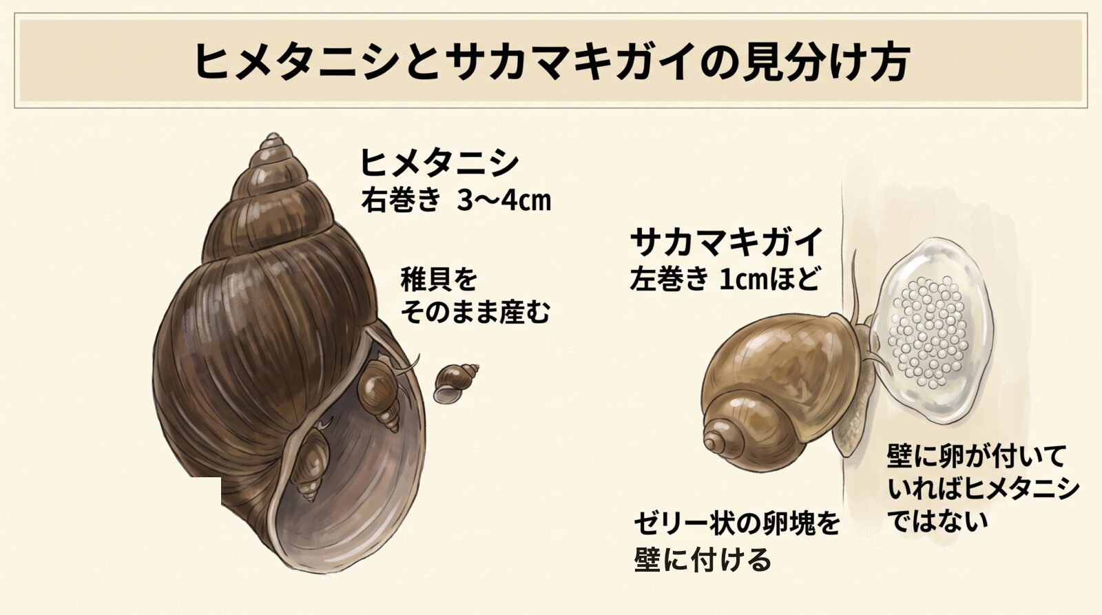 ヒメタニシとサカマキガイの見分け方の図鑑ふうイラスト。ヒメタニシは右巻きで3〜4センチ、稚貝をそのまま産む。サカマキガイは左巻きで1センチほど、ゼリー状の卵塊を壁に付ける。壁に卵が付いていればヒメタニシではない