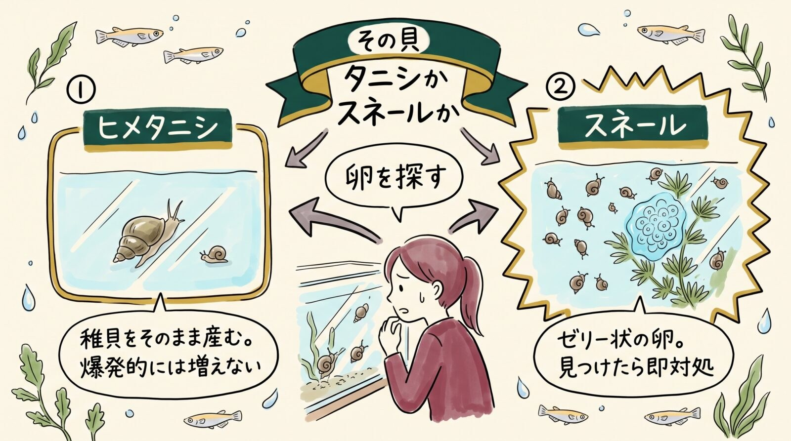 その貝がヒメタニシかスネールかを見分けるグラレコ（グラフィックレコーディング）。卵を探す。ヒメタニシは稚貝をそのまま産むので爆発的には増えない。ゼリー状の卵があればスネールで、見つけたら即対処